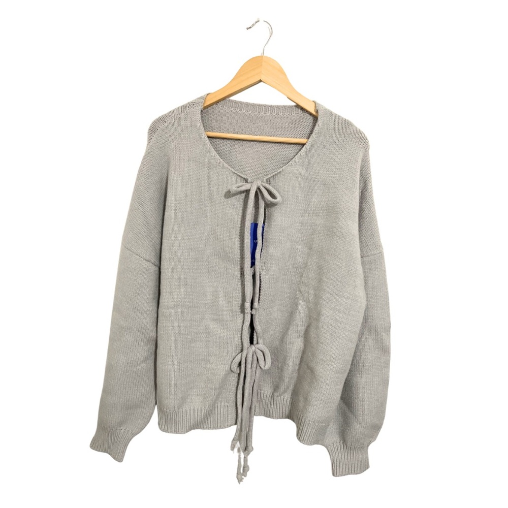 Gray Women's Sweater with Tie Front L